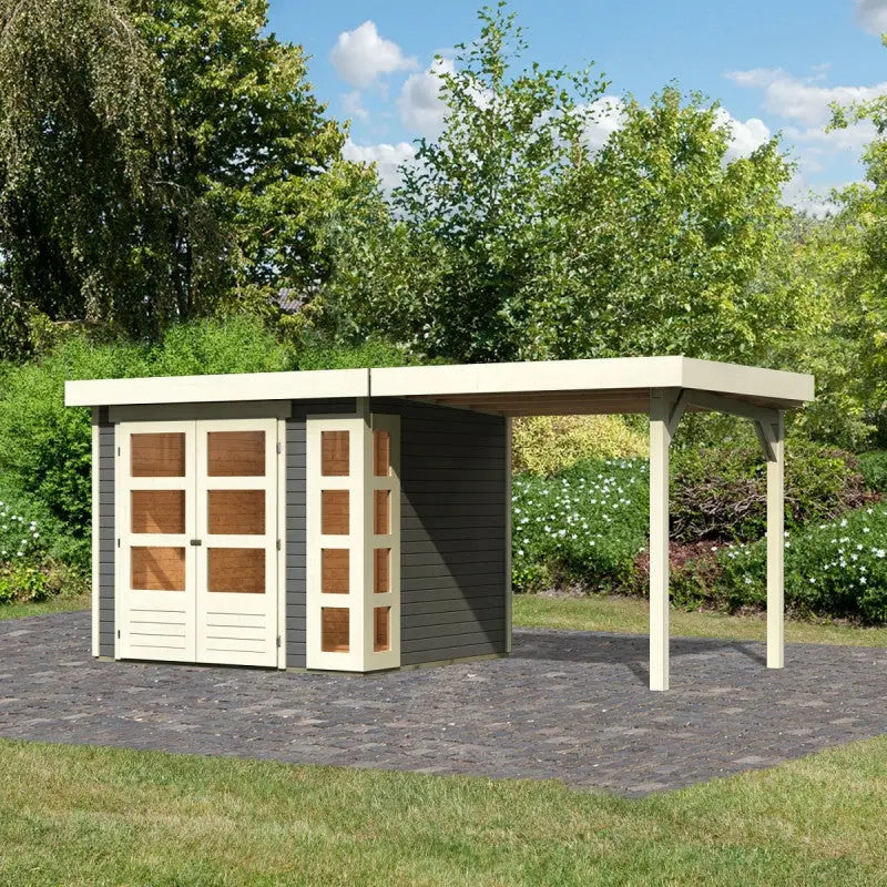 Abri de jardin en bois massif gris terre 5,25m² Kerko 3 avec appentis 240cm – Karibu Ma boutique