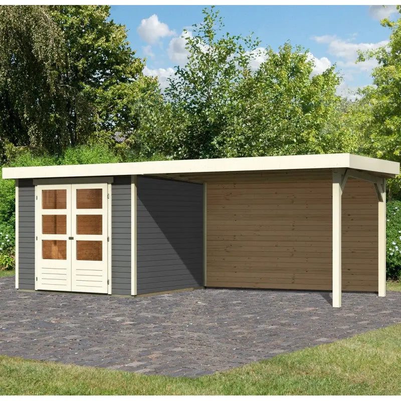Abri de jardin en bois massif gris terre 5,95m² Askola 3,5 avec appentis 280cm et paroi arrière – Karibu Ma boutique
