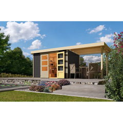 Abri de jardin en bois massif gris terre 6,55m² Askola 4 avec appentis 240cm - Karibu Ma boutique