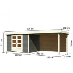 Abri de jardin en bois massif gris terre 7,43m² Askola 5 avec appentis 280cm et paroi arrière – Karibu Ma boutique
