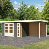 Abri de jardin en bois massif gris terre 7,43m² Kerko 5 avec appentis 280cm et paroi arrière – Karibu Ma boutique