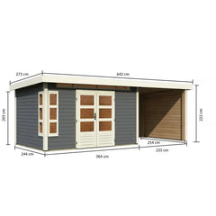 Abri de jardin en bois massif gris terre 8,88m² Kastorf 7 avec appentis 260cm et paroi arrière et latérale – Karibu Ma boutique