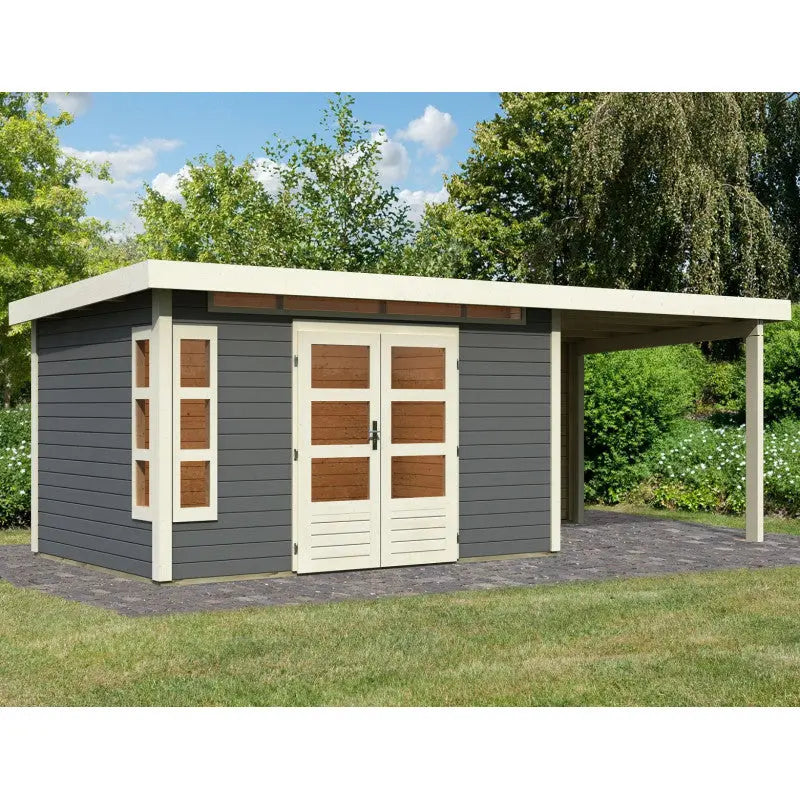 Abri de jardin en bois massif gris terre 8,88m² Kastorf 7 avec appentis 260cm et paroi arrière – Karibu Ma boutique