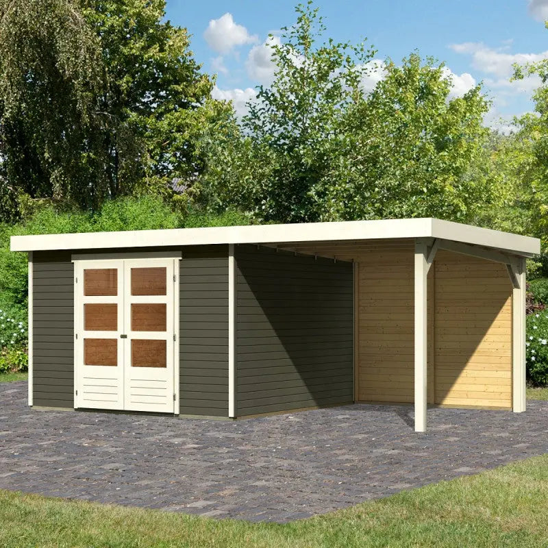 Abri de jardin en bois massif gris terre 9,24m² Askola 6 avec appentis 240cm et paroi arrière - Karibu Ma boutique