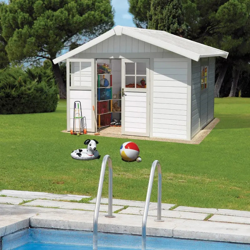 Abri de jardin en PVC 7,5m² DECO blanc et gris vert Grosfillex + kit ancrage offert Ma boutique