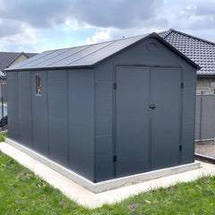 Abri de jardin en résine anthracite 11m² + kit de fondation - JOBU Ma boutique