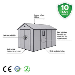 Abri de jardin en résine gris 8,90m² + kit de fondation - JOBU Ma boutique