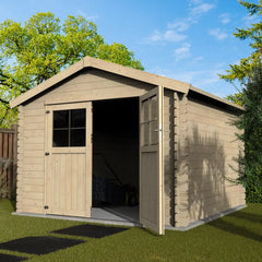 Abri de jardin Mina 8,88m² en bois massif 28mm avec double porte + plancher – Décor et Jardin Ma boutique