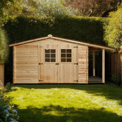 Abri en bois massif 9,9m² + bûcher 3m² - 28mm + couverture ondulée - Habrita Ma boutique