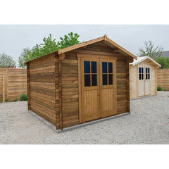 Abri en bois massif 9m² PLUS 28mm traité teinté marron Gardy Shelter Ma boutique
