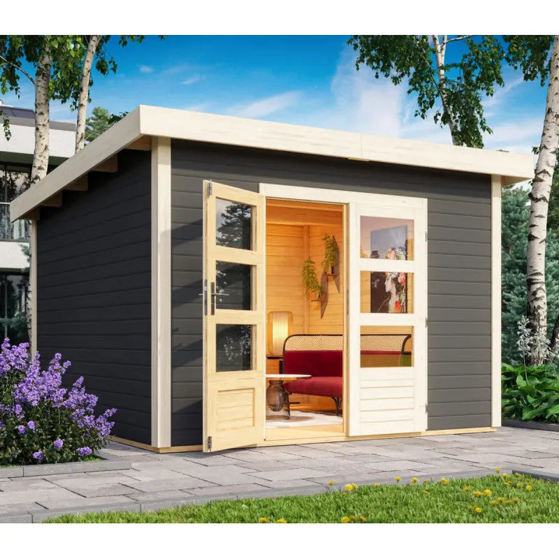 Abri toit plat 9,55m² bois massif gris terre 40mm Northeim 3 – Karibu Ma boutique