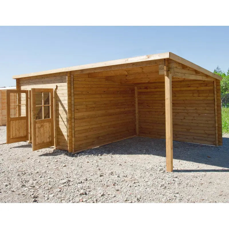 Abri toit plat 9m² PLUS + terrasse 9m² 28mm traité marron Gardy Shelter Ma boutique