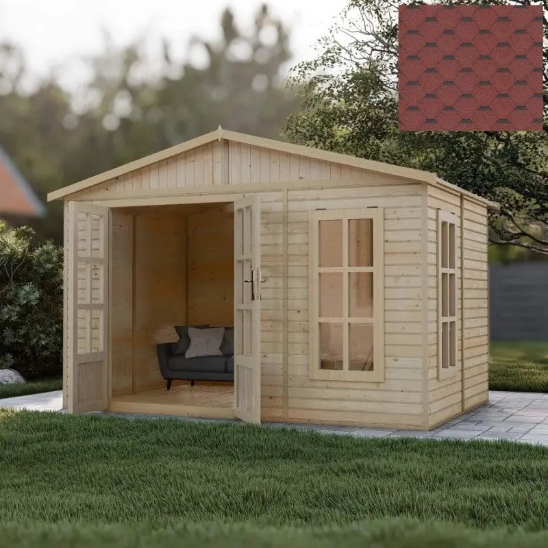 Bureau de jardin - 303x199cm - avec plancher et bardeaux bitumineux rouges - Timbela Ma boutique