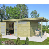 Chalet moderne Oregon 13,51m² + extension 150cm en bois traité 28mm avec porte double vitrée+fenêtre - Gardenas Ma boutique
