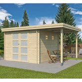 Chalet moderne Oregon 9,6m² + extension 150cm en bois massif 28mm avec porte double vitrée - Gardenas Ma boutique