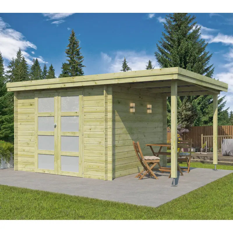 Chalet moderne Oregon 9,6m² + extension 150cm en bois traité 28mm avec porte double vitrée - Gardenas Ma boutique