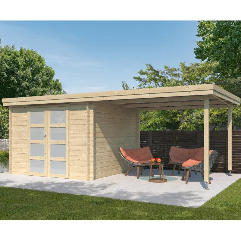 Chalet moderne Oregon 9,6m² + extension 300cm en bois massif 28mm avec porte double vitrée - Gardenas Ma boutique