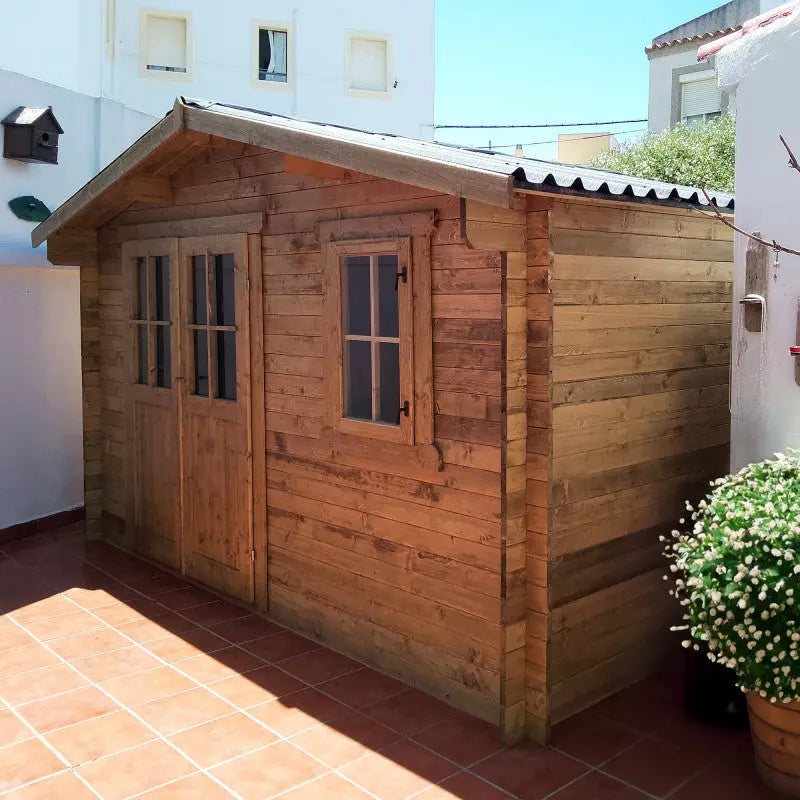 Abri en bois massif 12m² PLUS 28mm traité teinté marron Gardy Shelter Ma boutique