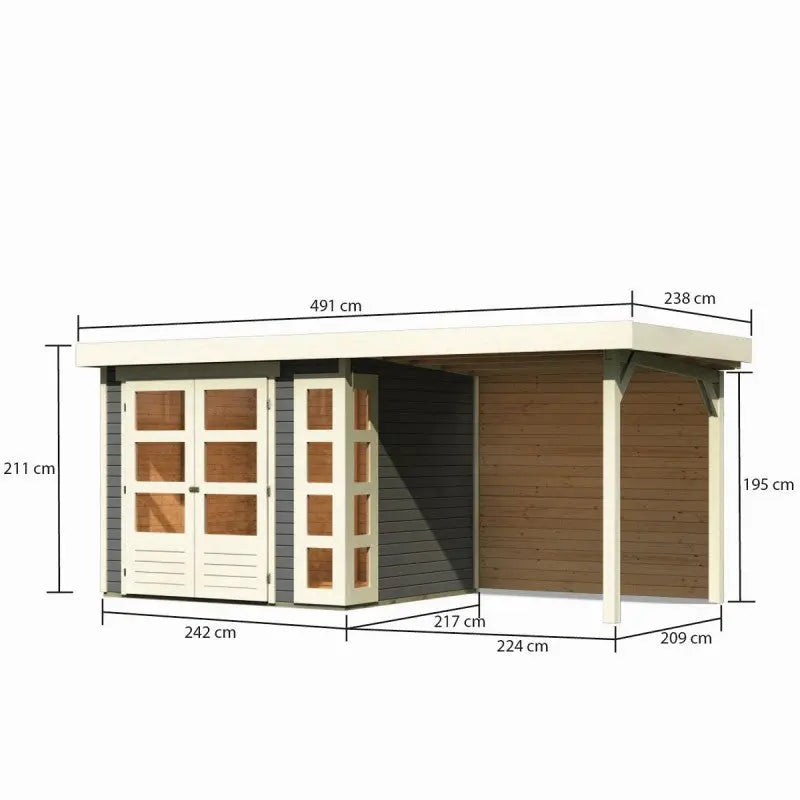 Abri de jardin en bois massif gris terre 5,25m² Kerko 3 avec appentis 240cm et paroi arrière – Karibu Ma boutique