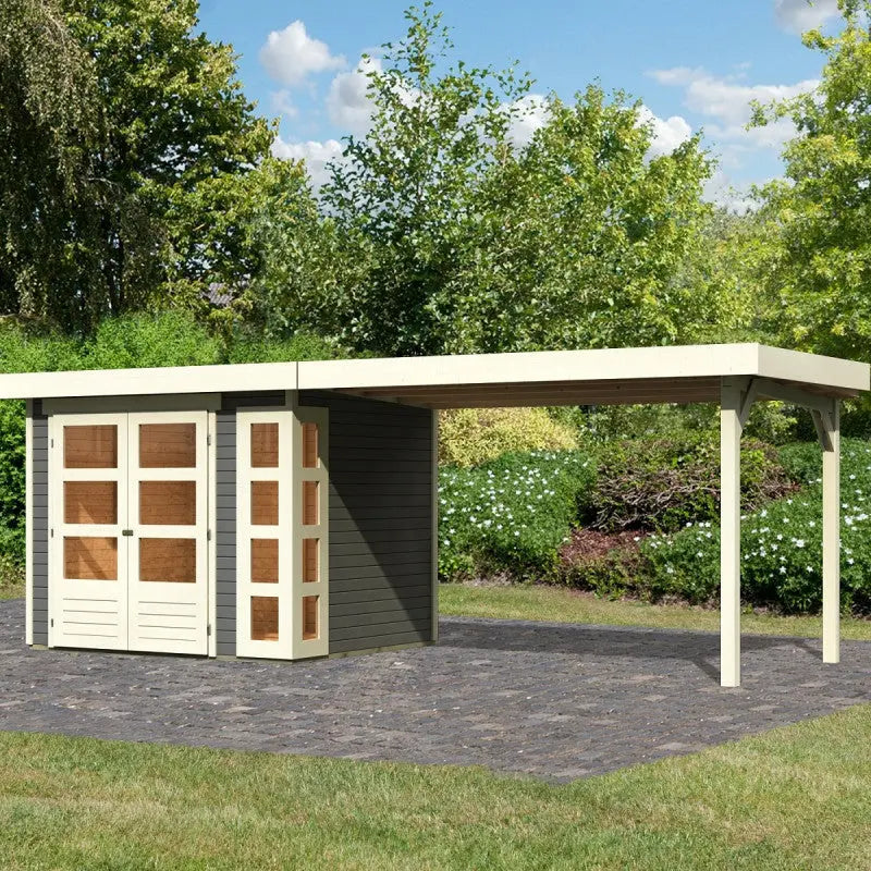 Abri de jardin en bois massif gris terre 5,25m² Kerko 3 avec appentis 280cm – Karibu Ma boutique