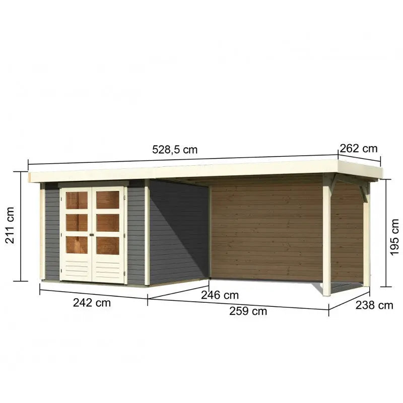 Abri de jardin en bois massif gris terre 5,95m² Askola 3,5 avec appentis 280cm et paroi arrière – Karibu Ma boutique