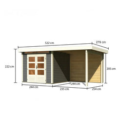 Abri de jardin en bois massif gris terre 5,95m² Kandern 3 avec appentis 235cm et paroi arrière – Karibu Ma boutique
