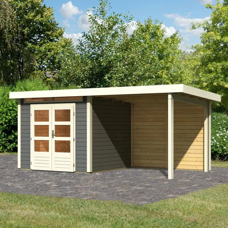 Abri de jardin en bois massif gris terre 5,95m² Kandern 3 avec appentis 235cm et paroi arrière – Karibu Ma boutique