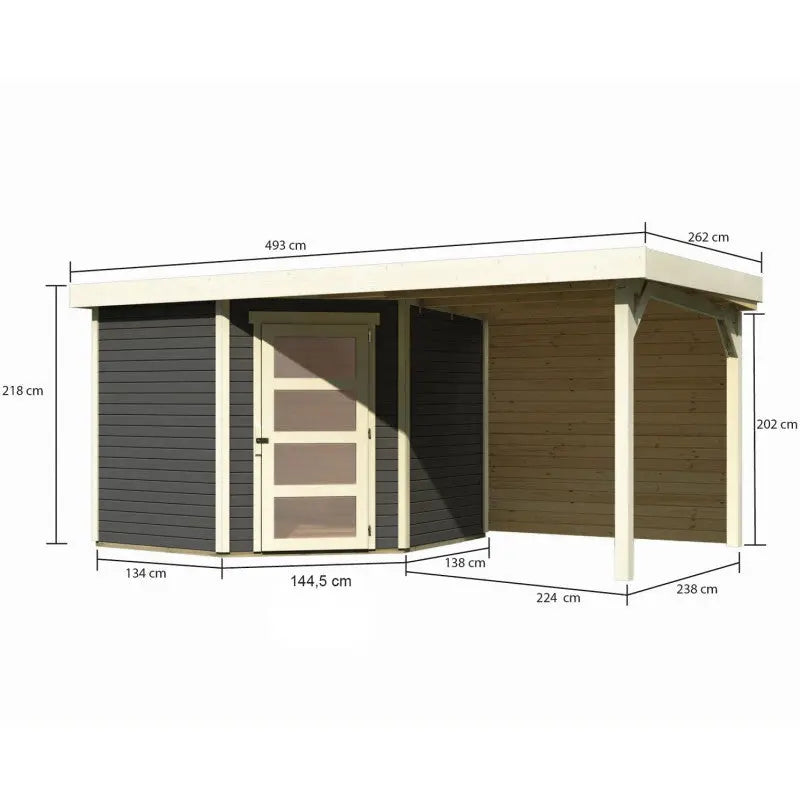 Abri de jardin en bois massif gris terre 5,95m² Schwandorf 5 avec appentis 240cm et paroi arrière – Karibu Ma boutique