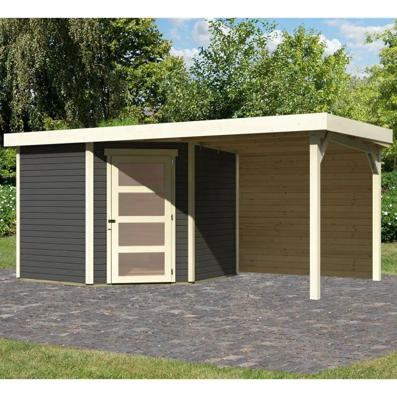 Abri de jardin en bois massif gris terre 5,95m² Schwandorf 5 avec appentis 240cm et paroi arrière – Karibu Ma boutique