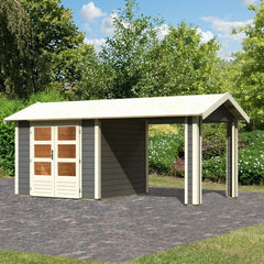 Abri de jardin en bois massif gris terre 5,95m² Theres 3 avec un auvent – Karibu Ma boutique