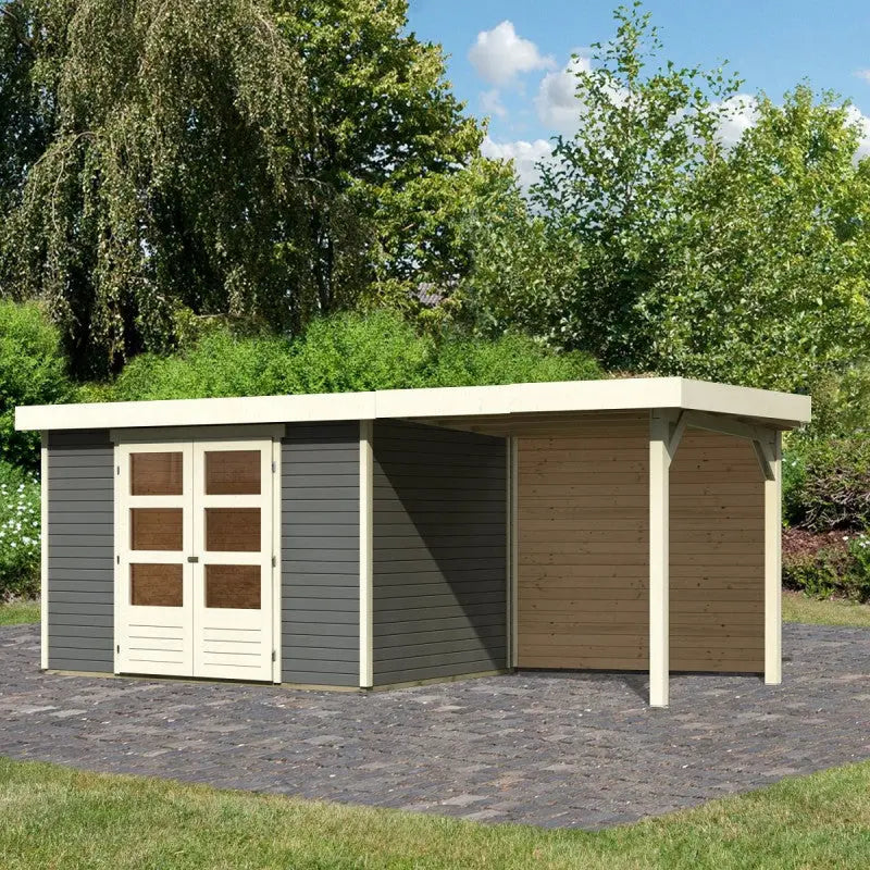 Abri de jardin en bois massif gris terre 6,55m² Askola 4 avec appentis 240cm et paroi arrière - Karibu Ma boutique