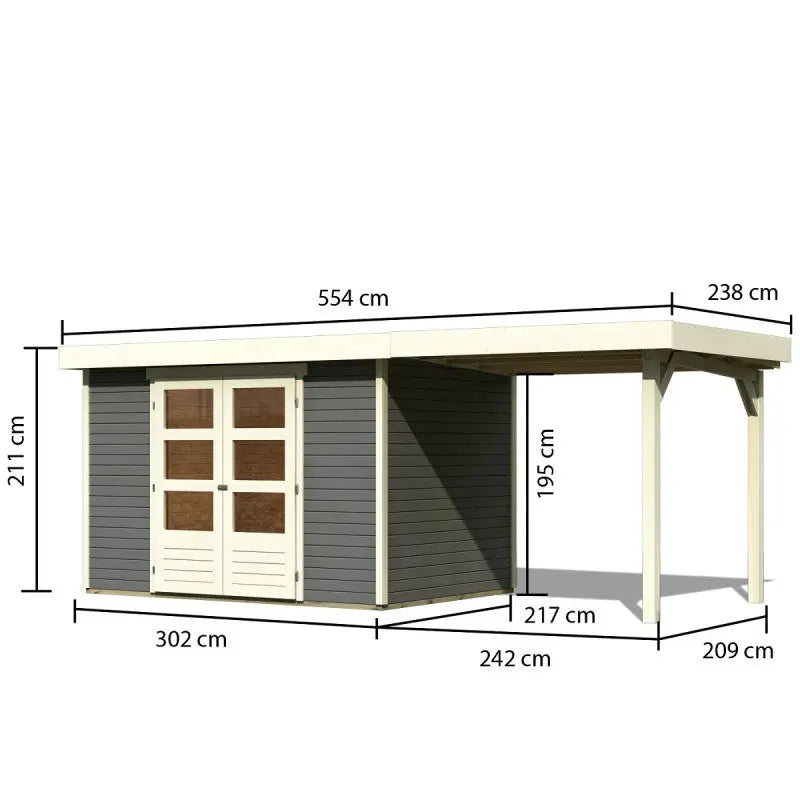 Abri de jardin en bois massif gris terre 6,55m² Askola 4 avec appentis 240cm - Karibu Ma boutique