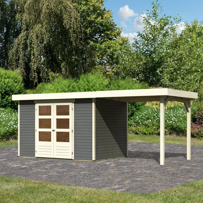 Abri de jardin en bois massif gris terre 6,55m² Askola 4 avec appentis 240cm - Karibu Ma boutique