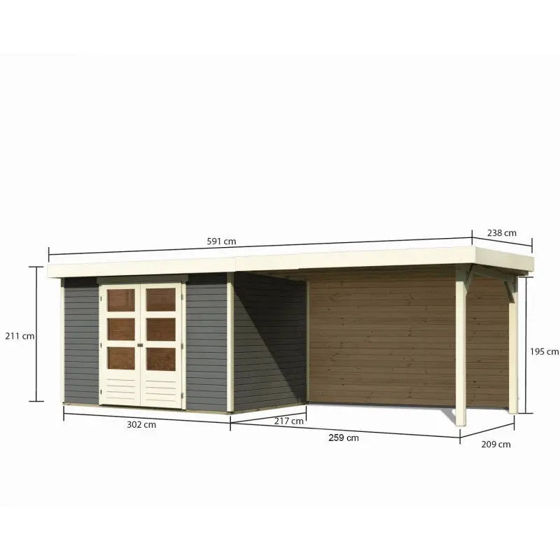 Abri de jardin en bois massif gris terre 6,55m² Askola 4 avec appentis 280cm et paroi arrière – Karibu Ma boutique