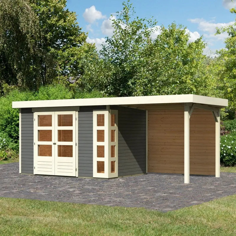 Abri de jardin en bois massif gris terre 6,55m² Kerko 4 avec appentis 240cm et paroi arrière – Karibu Ma boutique