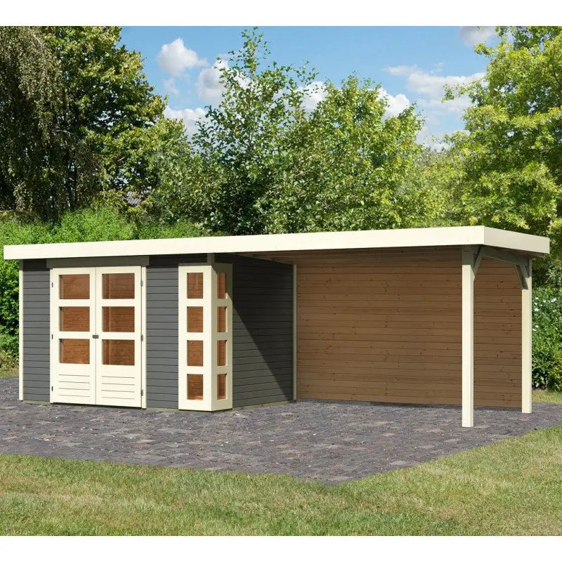 Abri de jardin en bois massif gris terre 6,55m² Kerko 4 avec appentis 280cm et paroi arrière – Karibu Ma boutique