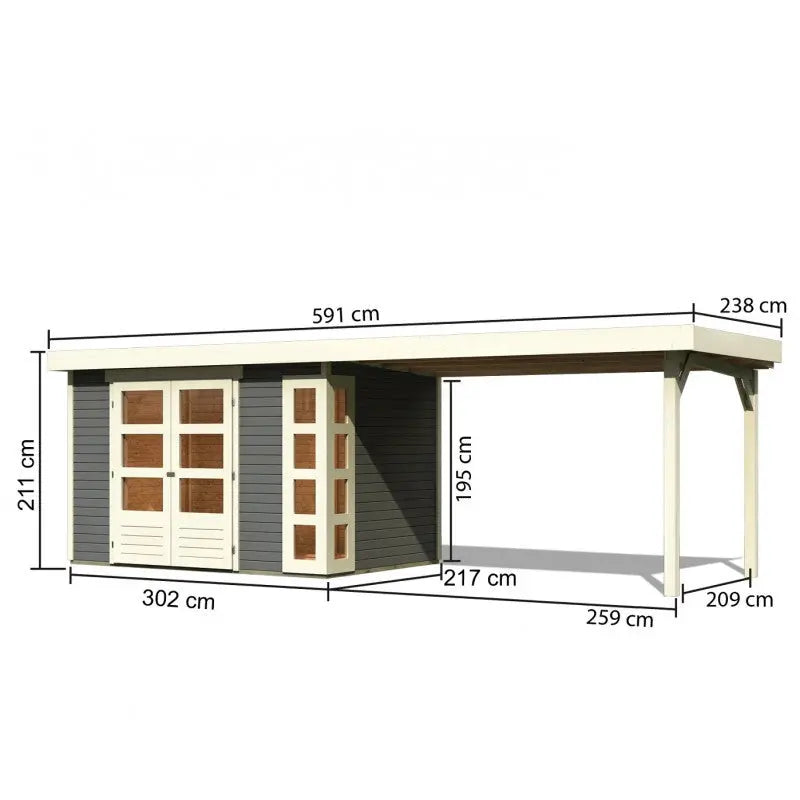 Abri de jardin en bois massif gris terre 6,55m² Kerko 4 avec appentis 280cm – Karibu Ma boutique