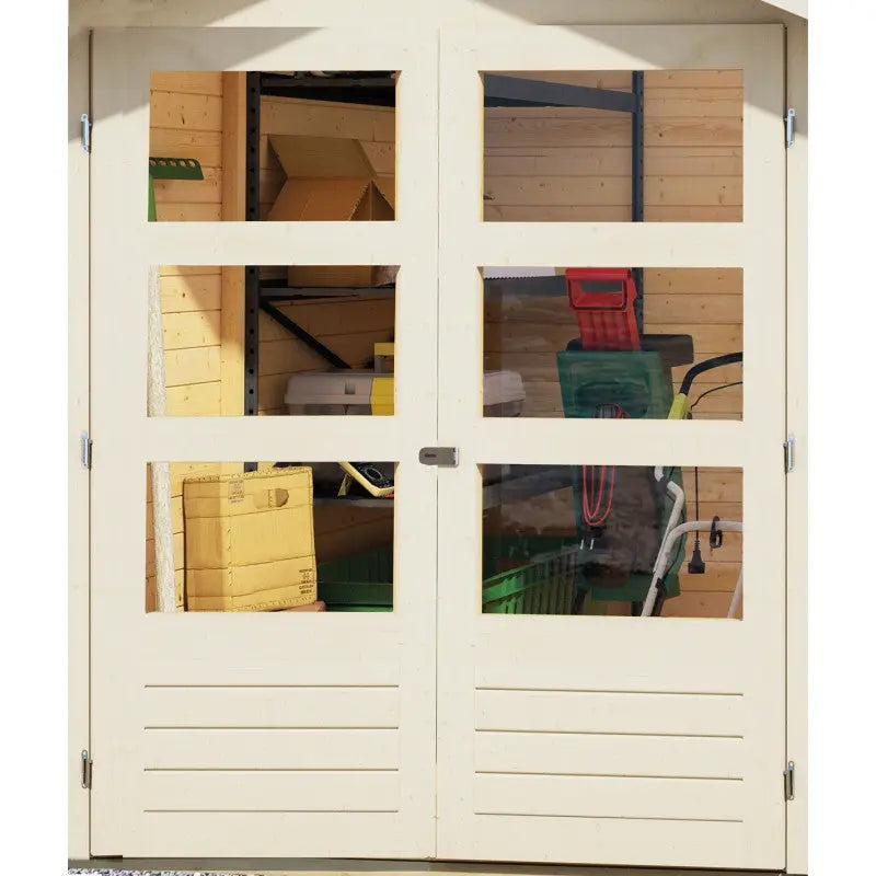 Abri de jardin en bois massif gris terre 7,43m² Askola 5 avec appentis 240cm et paroi arrière - Karibu Ma boutique