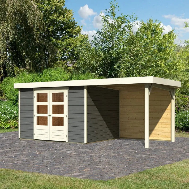 Abri de jardin en bois massif gris terre 7,43m² Askola 5 avec appentis 240cm et paroi arrière - Karibu Ma boutique