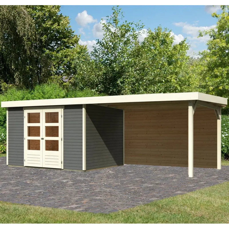 Abri de jardin en bois massif gris terre 7,43m² Askola 5 avec appentis 280cm et paroi arrière – Karibu Ma boutique