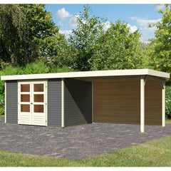 Abri de jardin en bois massif gris terre 7,43m² Askola 5 avec appentis 280cm et paroi arrière – Karibu Ma boutique