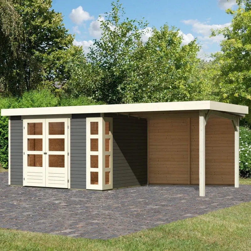 Abri de jardin en bois massif gris terre 7,43m² Kerko 5 avec appentis 280cm et paroi arrière – Karibu Ma boutique