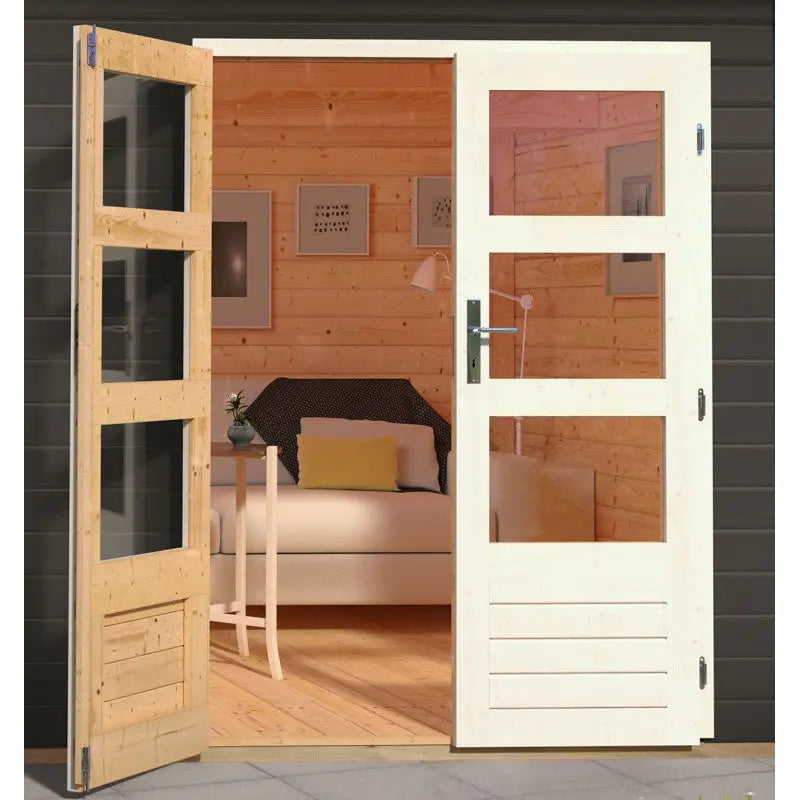 Abri de jardin en bois massif gris terre 7,50m² Kandern 6 avec appentis 320cm et paroi arrière – Karibu Ma boutique