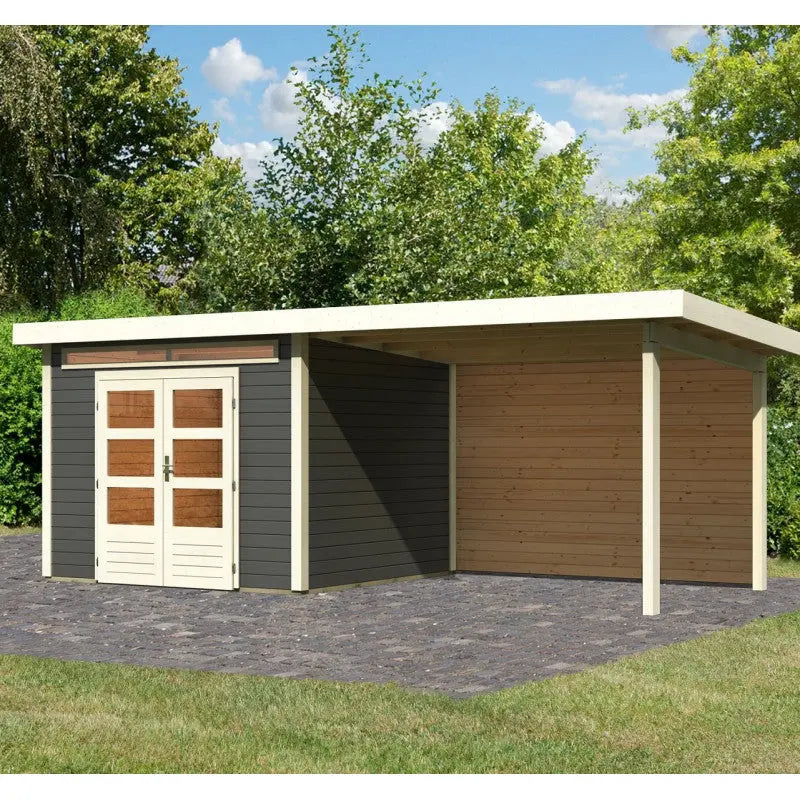 Abri de jardin en bois massif gris terre 7,50m² Kandern 6 avec appentis 320cm et paroi arrière – Karibu Ma boutique