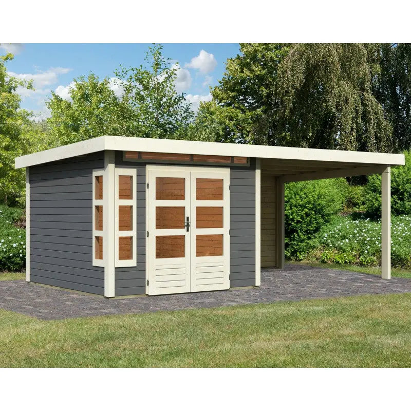 Abri de jardin en bois massif gris terre 7,50m² Kastorf 6 avec appentis 320cm et paroi arrière – Karibu Ma boutique