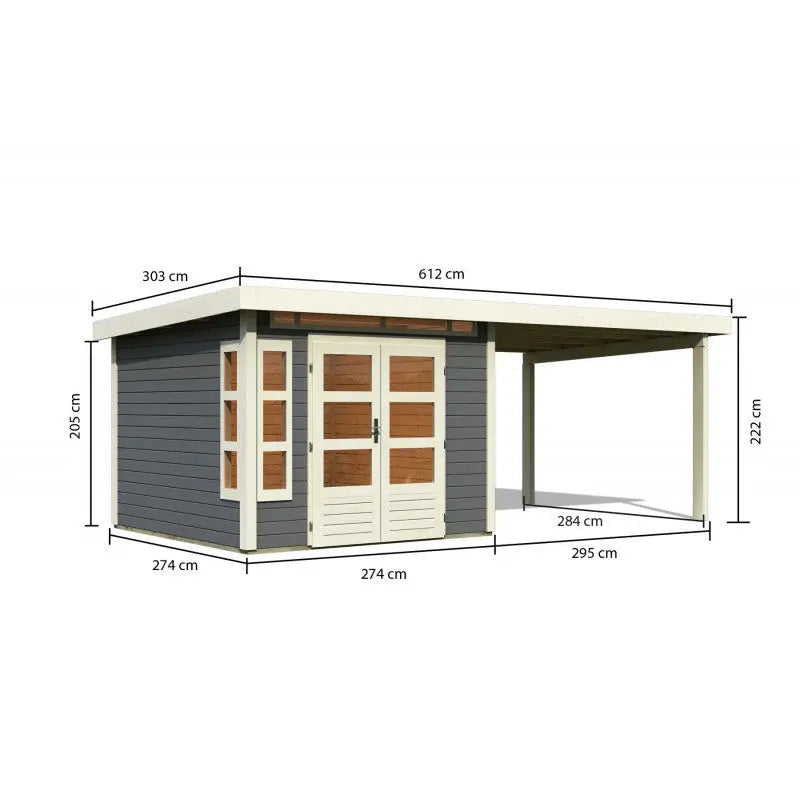 Abri de jardin en bois massif gris terre 7,50m² Kastorf 6 avec appentis 320cm – Karibu Ma boutique