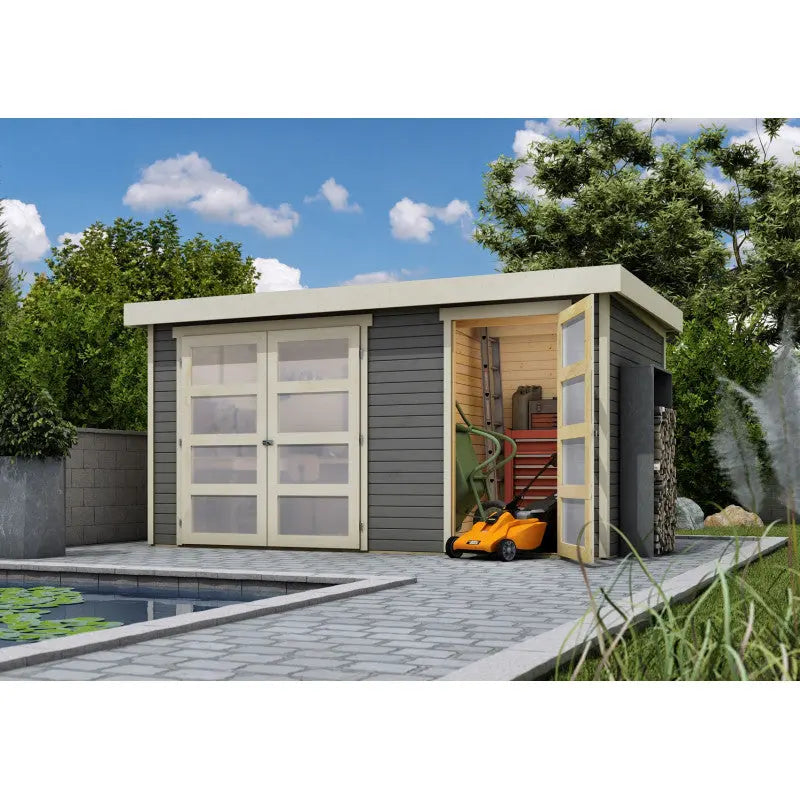 Abri de jardin en bois massif gris terre 8,77m² avec cloison intérieure Mühlentrup 1  – Karibu Ma boutique