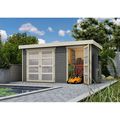 Abri de jardin en bois massif gris terre 8,77m² avec cloison intérieure Mühlentrup 1  – Karibu Ma boutique