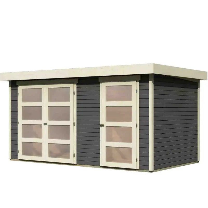 Abri de jardin en bois massif gris terre 8,77m² avec cloison intérieure Mühlentrup 1  – Karibu Ma boutique
