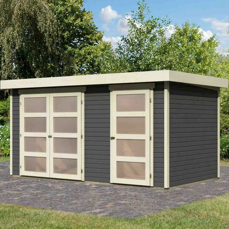 Abri de jardin en bois massif gris terre 8,77m² avec cloison intérieure Mühlentrup 1  – Karibu Ma boutique